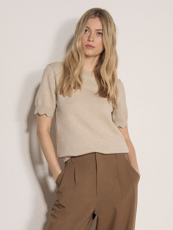 Scallop Knitted T-Shirt, Stone, large