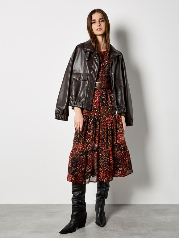 Ikat Patchwork Smocked Chiffon Midi Dress, Burgundy, large