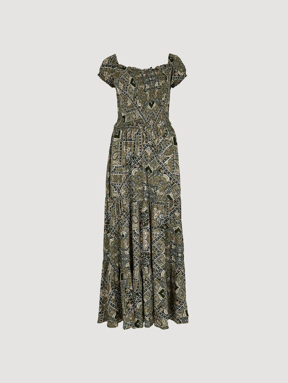Scarf Print Milkmaid Maxi Dress, Khaki, large