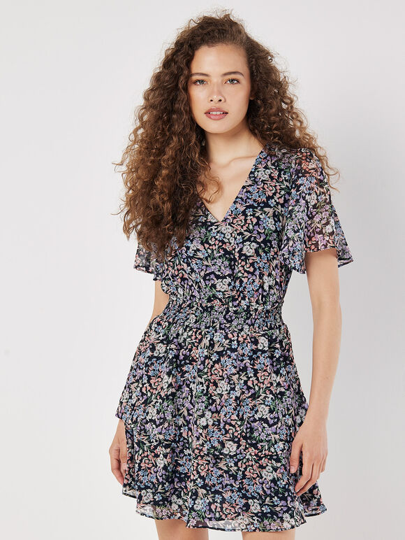 Ditsy Floral Chiffon Mini Dress, Navy, large
