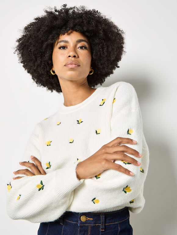 Embroidered Lemon Jumper, Cream, large