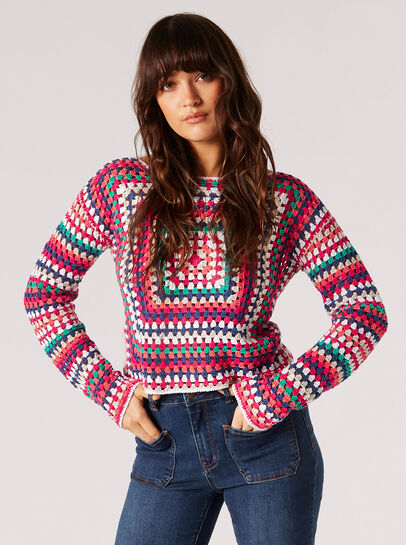 Cotton Cropped Crochet Squares Top