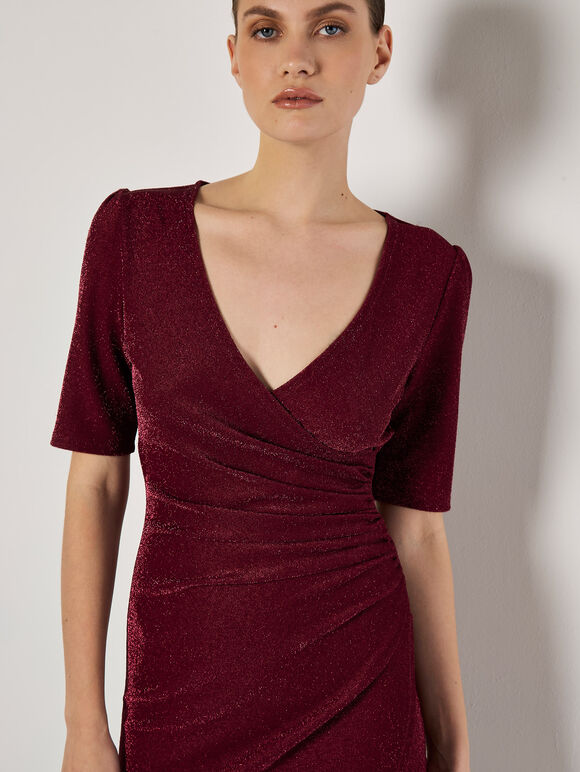 Foil Sparkle Ruched Midi Dress, Burgundy, large