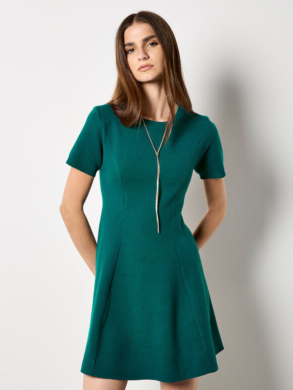 Panel Knitted A-Line Mini Dress, Teal, large