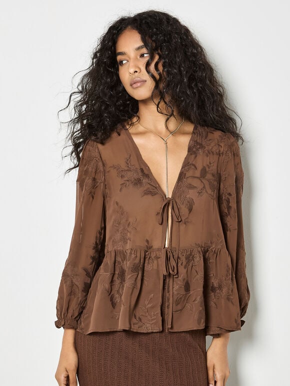 Embroidered Floral Chiffon Top, Brown, large