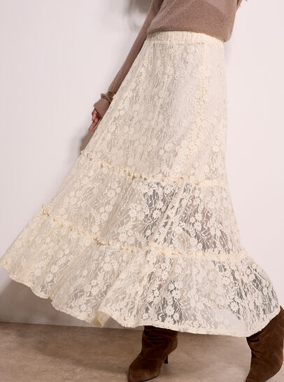 Cotton-Blend Lace Tiered Midi Skirt