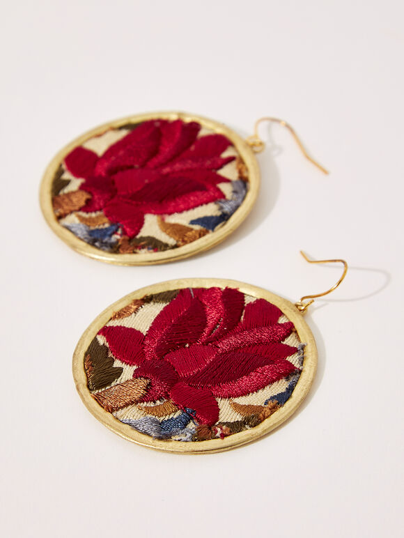 Embroidered Circle Earring, Red, large