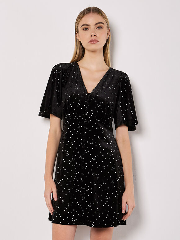 Metallic Star Velvet Mini Dress, Black, large