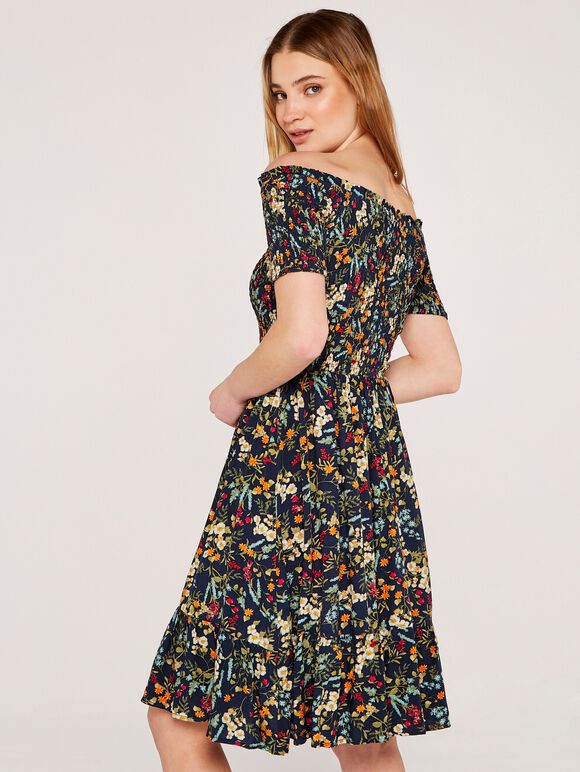 Off Shoulder Botanical Floral Dress, Navy, large