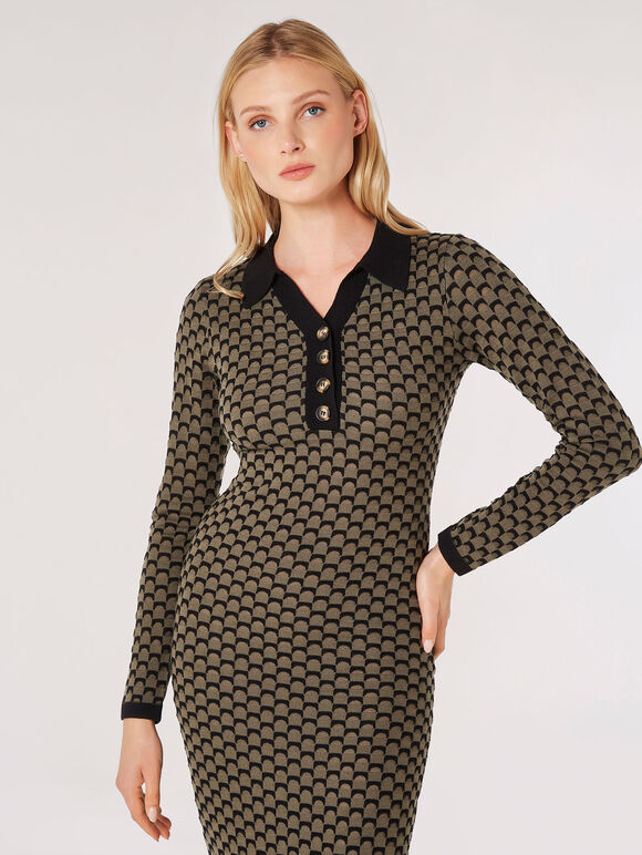 Geometric Bodycon Knit Midi Dress, Khaki, large