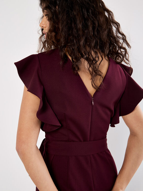 Ruffle Sleeve Jersey Jumpsuit, Burgundy, large