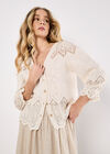 Embroidered Mesh Button Down Top, Stone, large