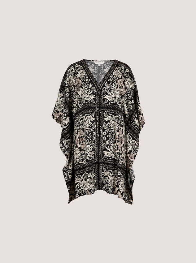 Scarf Print Kimono Mini Dress, Black, large