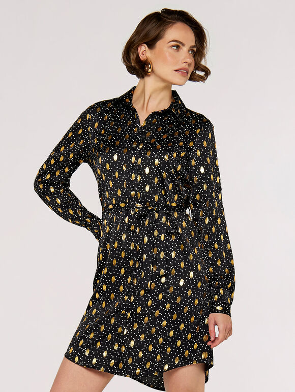 Foil Shirt Mini  Dress, Black, large