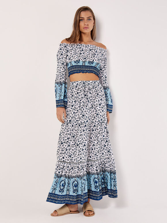 Sarasa Floral Tiered Maxi Skirt, Cream, large