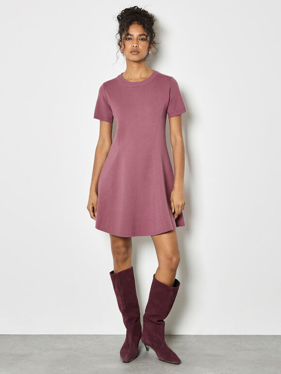 Panel Knitted A-Line Mini Dress, Pink, large