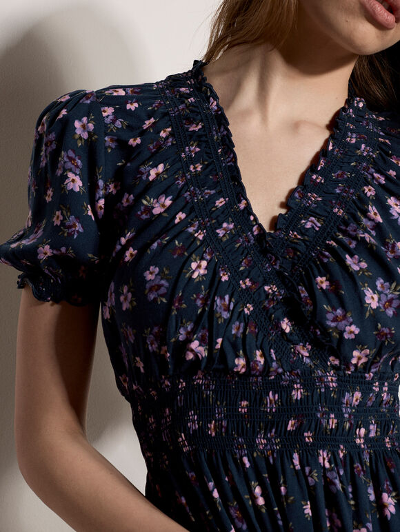 Floral Print Smocked Mini Dress, Navy, large