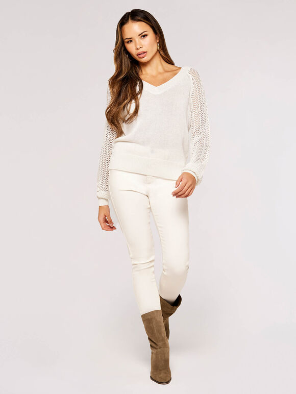 Contrast Crochet Shimmer Jumper , Cream, large