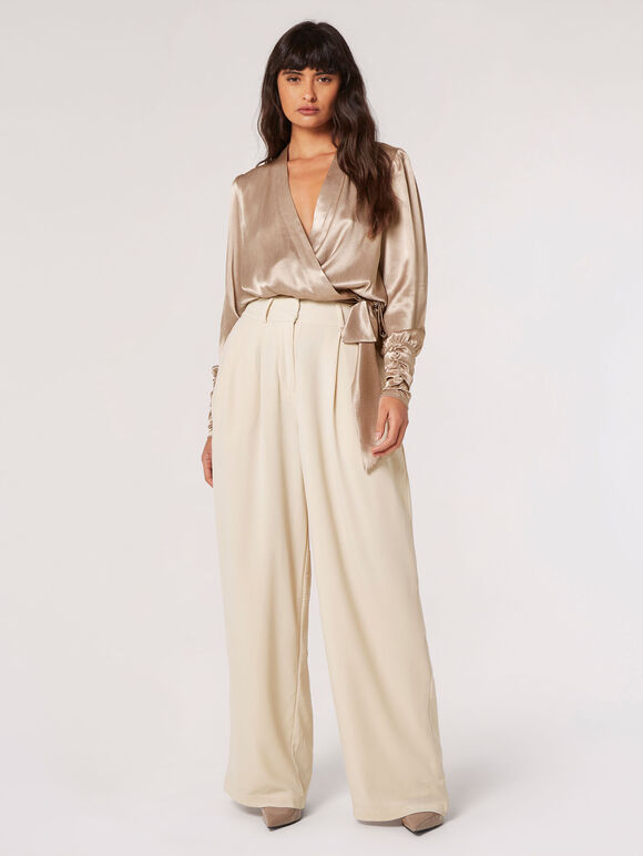Textured Satin Wrap Top, Stone, large