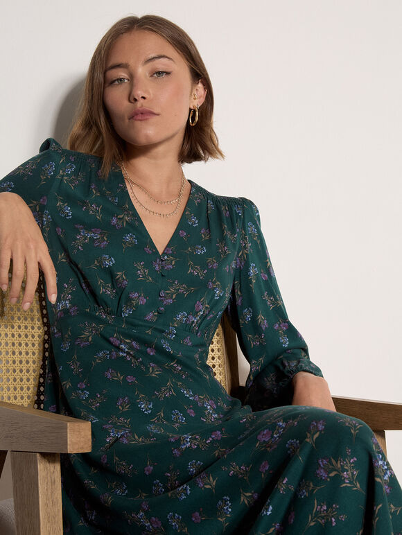 Floral Print Midi Dress, Green, large