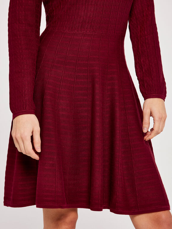 Textured Knitted Skater Dress, Burgundy, large