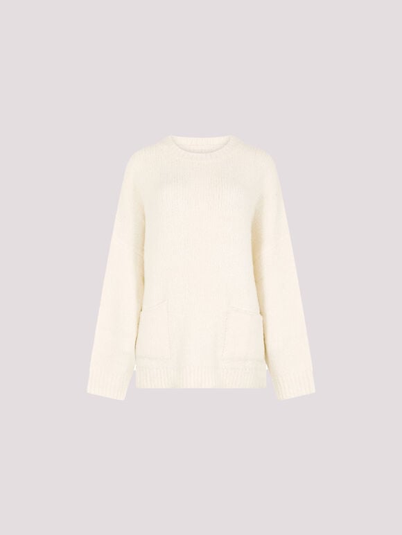 Oversized Boucle Patch Pocket Jumper, Cream, large