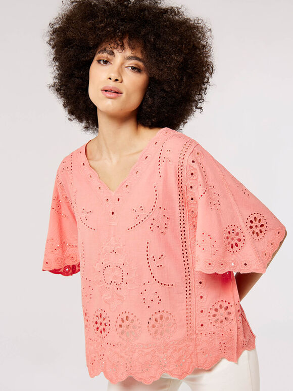 Embroidered Cotton Top, Pink, large