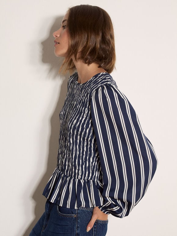Shirred Bodice Stripe Top, Navy, large