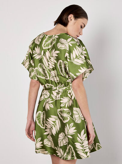Tropical Leaf Print Satin Mini Dress