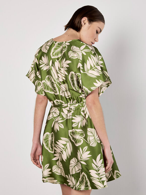 Tropical Leaf Print Satin Mini Dress, Green, large