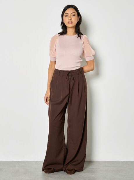 Pleat Detail Wide Leg Drawstring Trousers