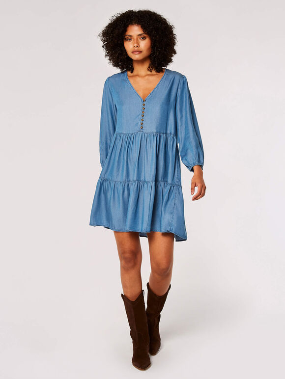 Denim Tiered Mini Dress, Blue, large
