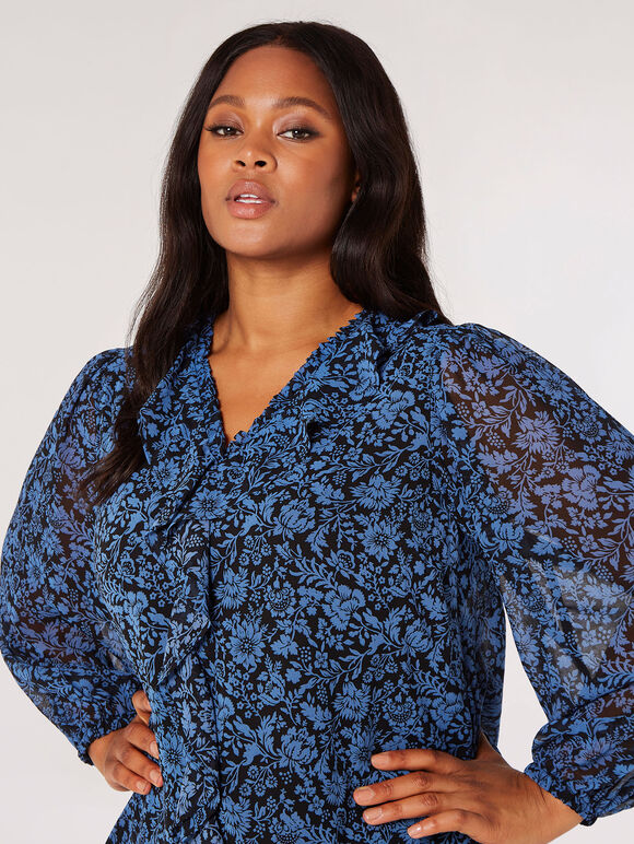 Curve Rüschenbluse mit floraler Silhouette, Blau, Größe L