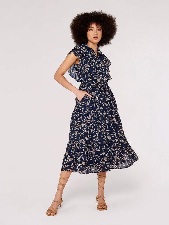Ruffle Sleeve Midi Dress, Navy, large