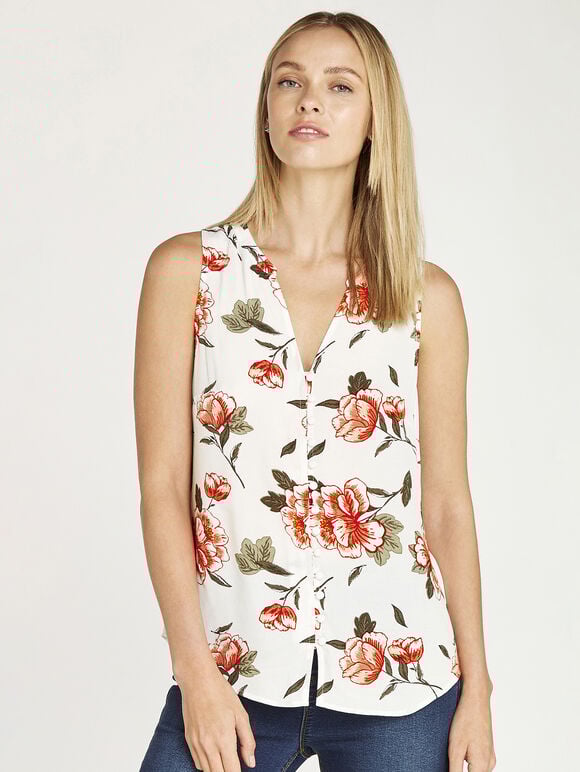 Floral Button Down Sleeveless Shirt, Cream, large