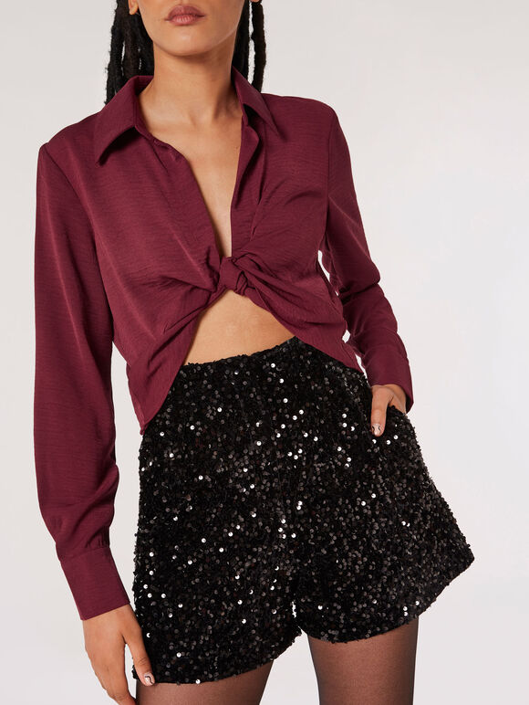 Sequin Velvet Shorts, Black, large