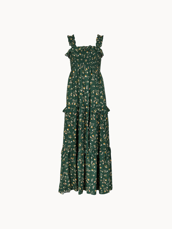 Ditsy Floral Smocked Maxi Dress, Green, large