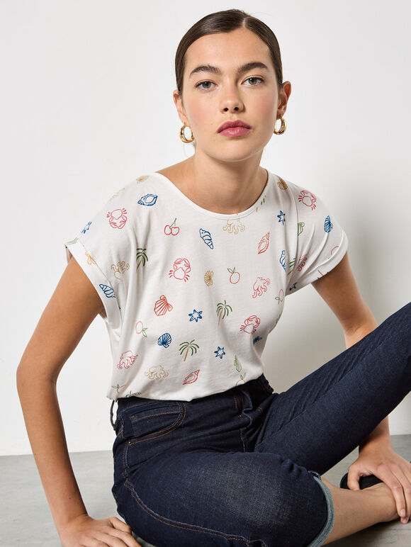 Colourful Tropical Print Jersey T-Shirt, Cream, large