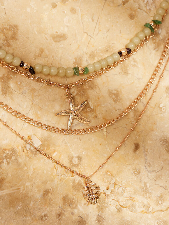Gold Tone Layered Charm & Bead Necklace, Assorted, large