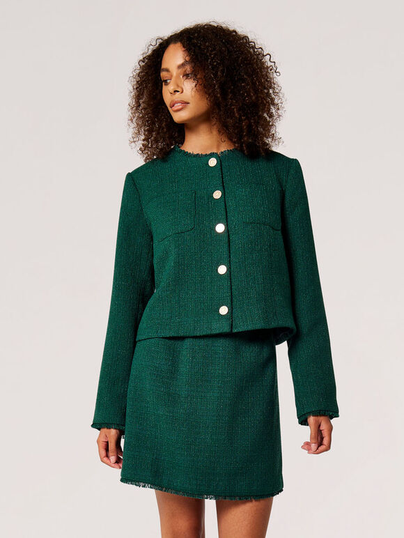 Kurz geschnittene Fransenjacke aus Tweed, Grün, Größe L