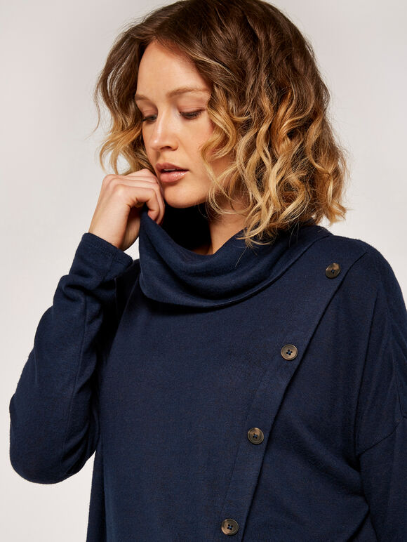 Soft Marl Mock Neck Button Front Top, Navy, large
