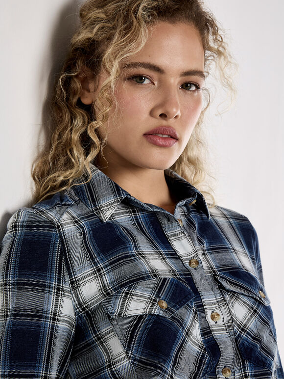 Washed Check Western Shirt Mini Dress, Blue, large