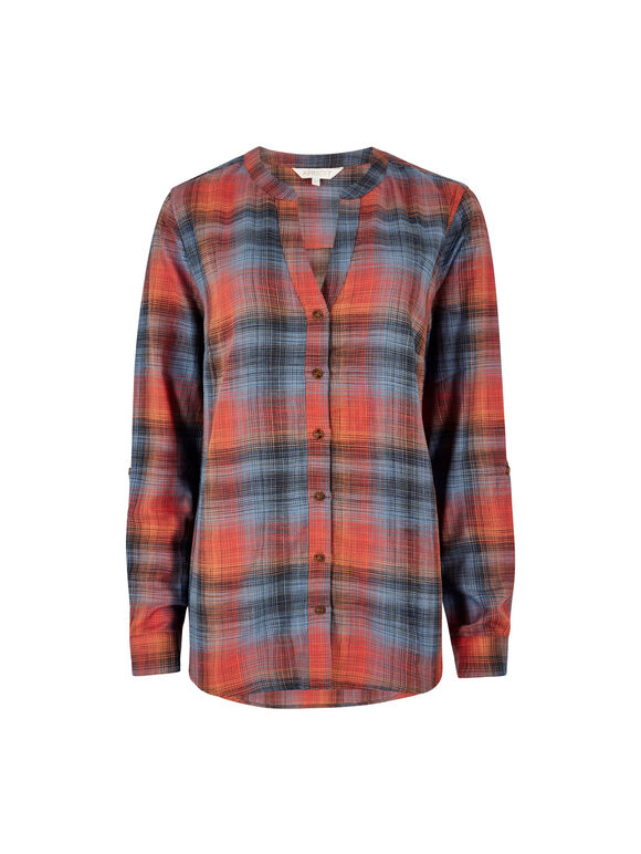 Grandad Collar Check Shirt, Blue, large