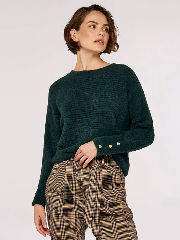 Fluffy Ribbed Jumper, Green, large