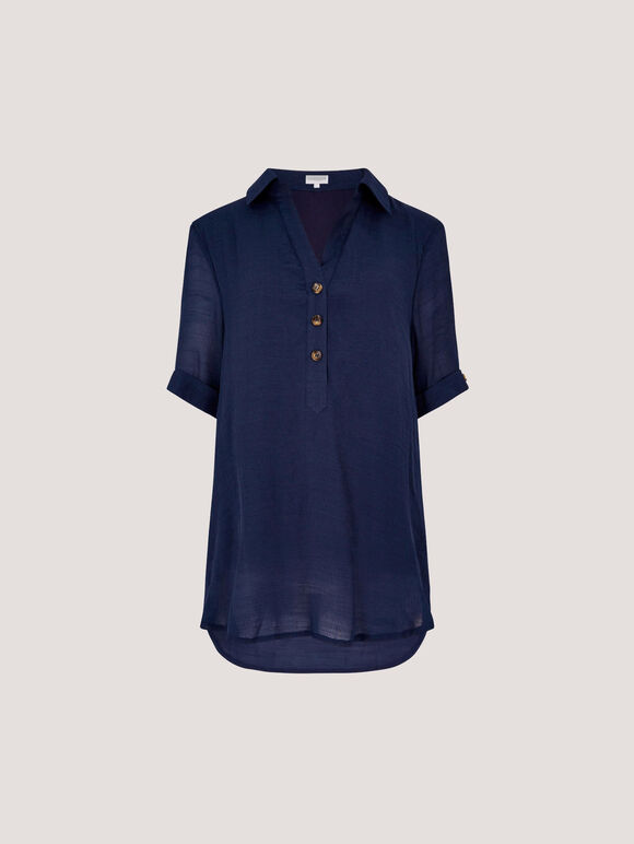 Slub Shimmer Relaxed Blouse, Navy, large
