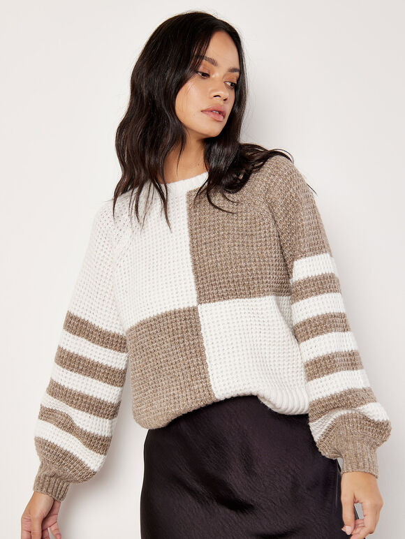 Colour Block Waffle Knit Jumper, Cream, large