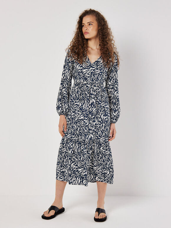 Abstract Animal Print Textured Midi Dress, Navy, large