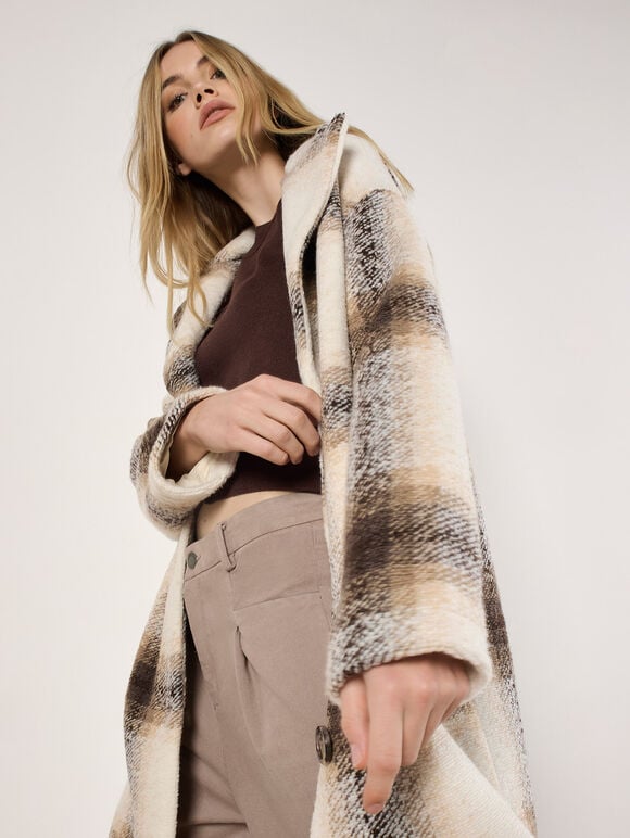 Soft Oversized Check Coat, Cream, large