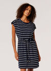 Stripe Drawstring Waist Mini Dress, Navy, large