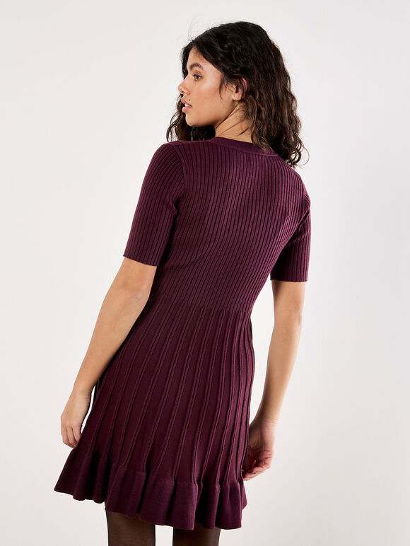 Ribbed Knit Fit And Flare Mini Dress, Burgundy, large